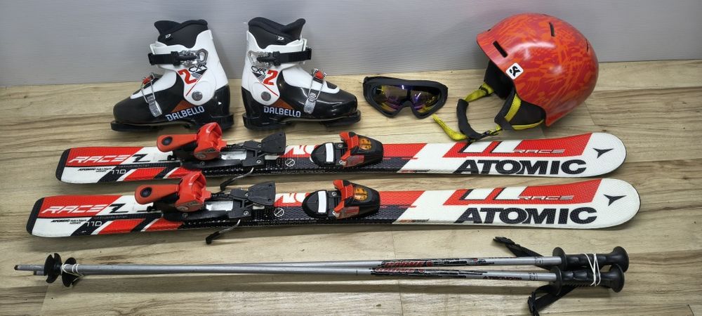 Komplet narty ATOMIC 110 cm Buty roz 32 Kask Gogle Kijki