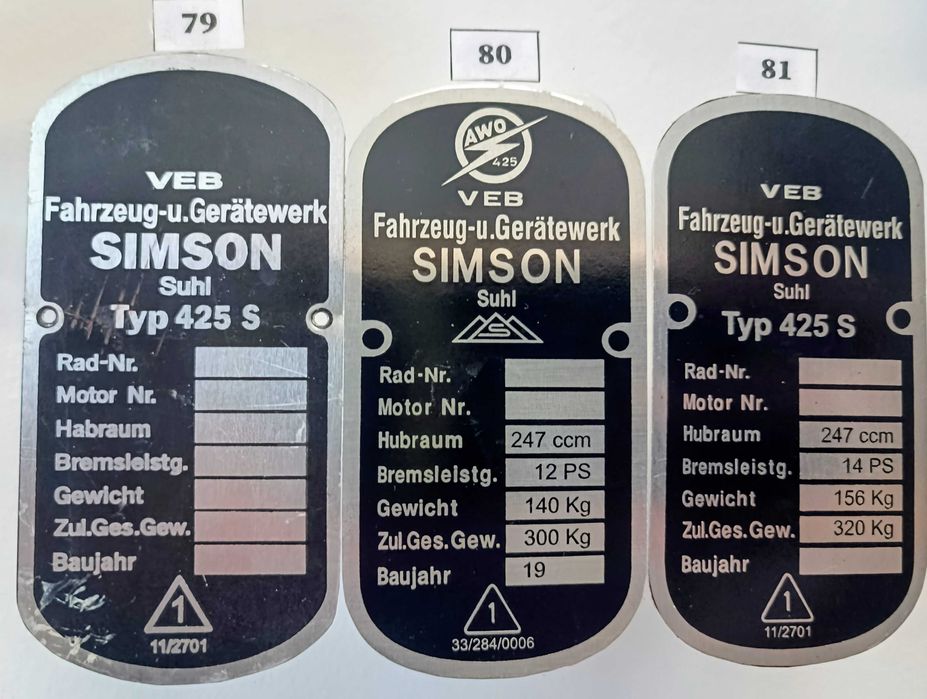 TABLICZKI ZNAMIONOWE do motocykli SIMSON zabytkowych (wybór)