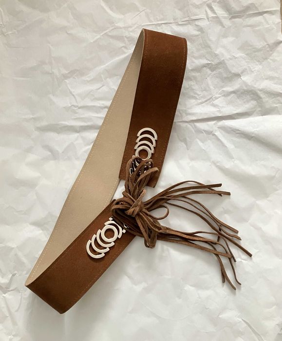 Skórzany pasek brązowy zamsz wiązany ozdobny 85 cm boho