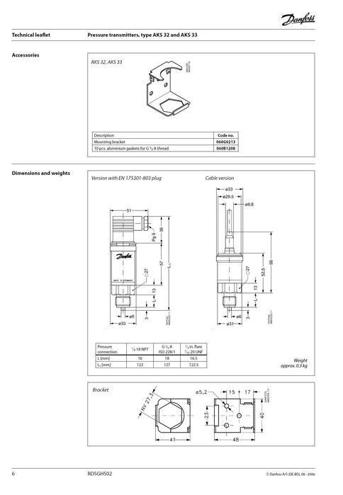 Датчик перетворювач тиску DANFOSS AKS 33 060G2110 0 - 25 Бар 4 - 20 мА