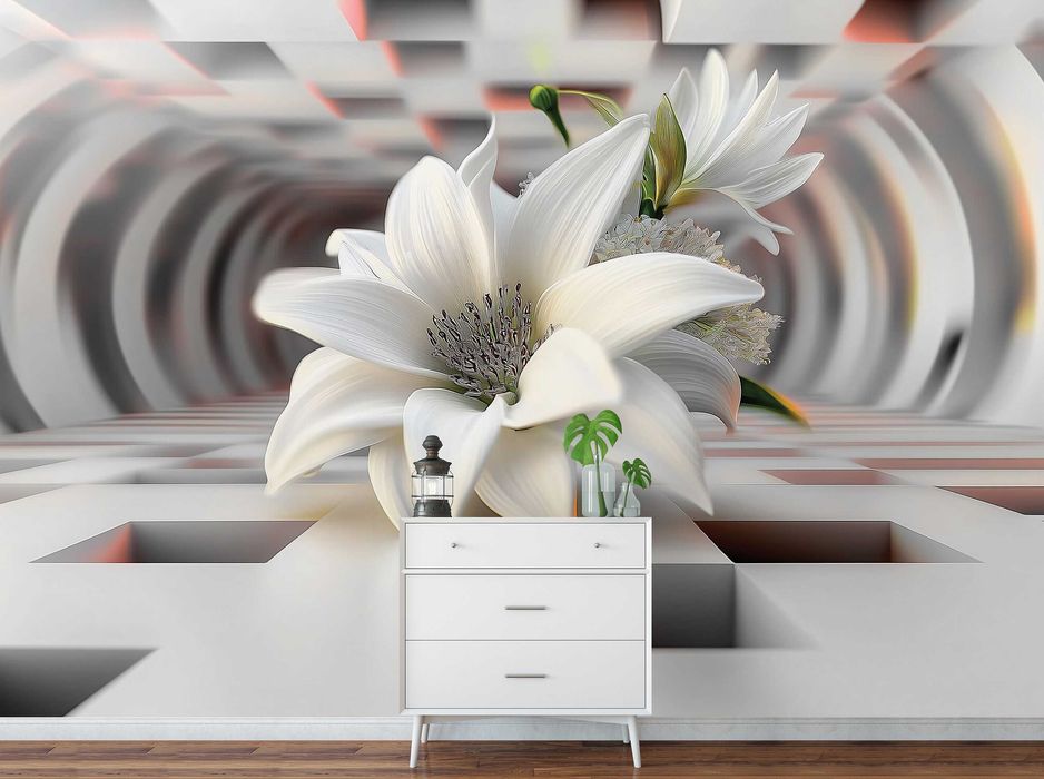 Fototapeta Lilia Kwiaty Abstrakcja Tunel Kremowa Biel Beż 3D + KLEJ
