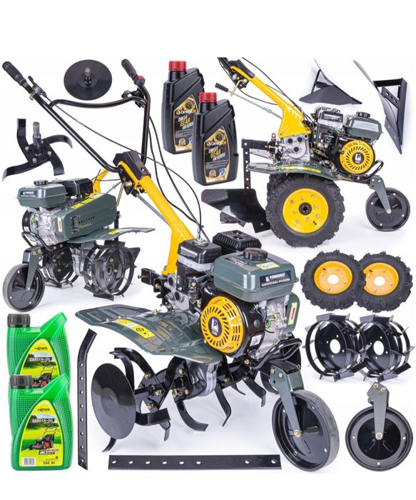 Glebogryzarka spalinowa Powermat 7km 90 cm + zestaw pług obsypnik koła