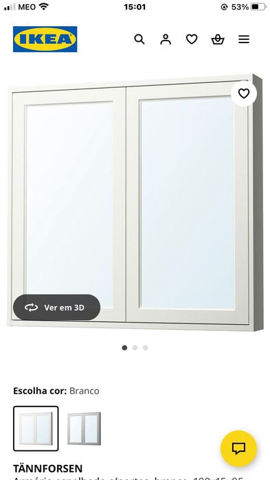 TÄNNFORSEN
Armário Ikea espelhado c/portas, branco, 100x15x95 Novo