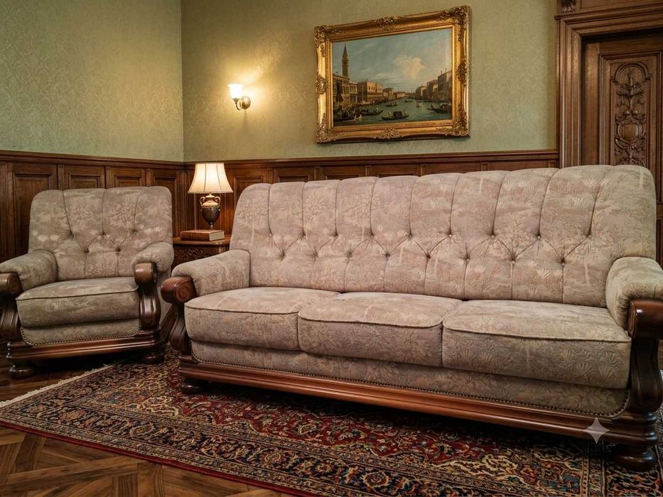 Sofa z fotelem z solidnej ramy z litego drewna