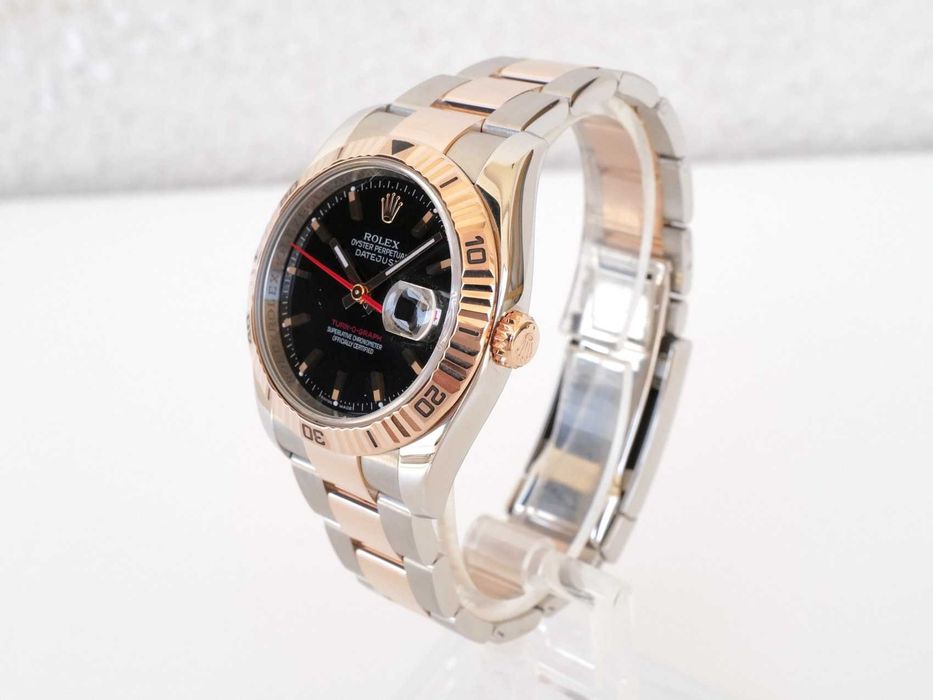 Rolex Datejust Turn-O-Graph 18K Rose Gold Steel Black Dial 36