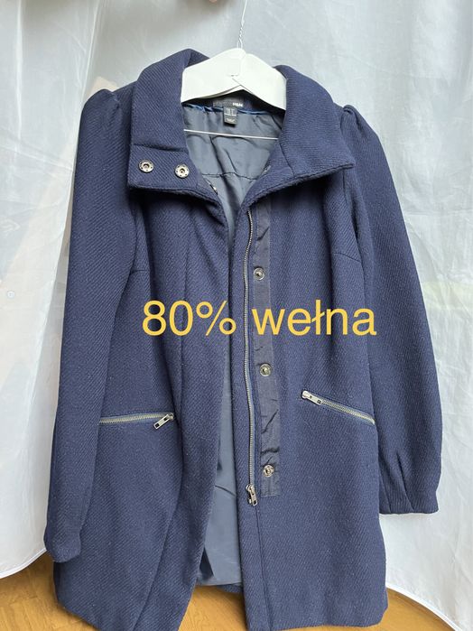 Granatowy płaszczyk wełniany 80% wełna H&M 34 xs, po pralni