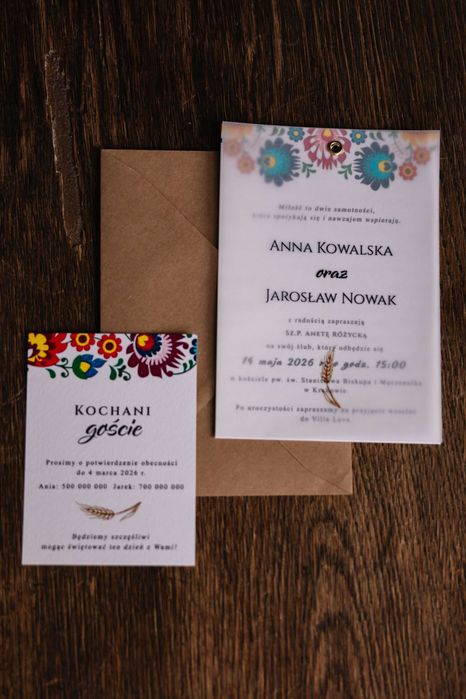 Zaproszenia ślubne folkowe z kalką