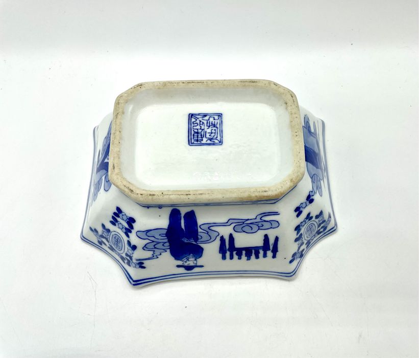Tigela Octogonal Azul e Branca Chinesa Antiga seculo 19