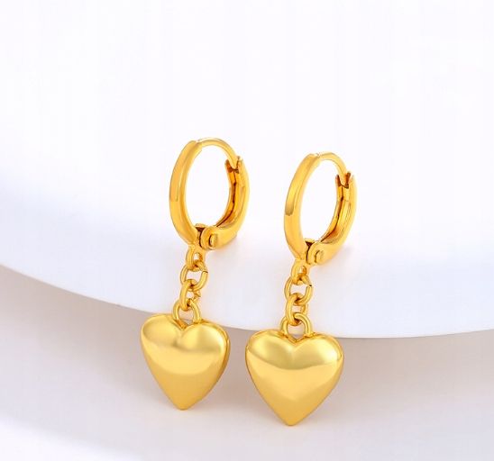 Kolczyki Ze Stali Chirurgicznej Złote Wiszące Serduszka Elegancki