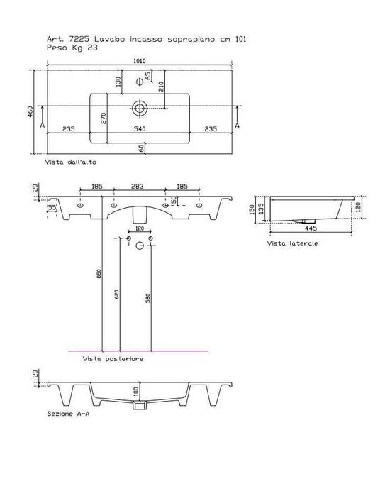 Umywalka Galassia Eden 100cm wisząca lub wpuszczana w blat 101x46 cm