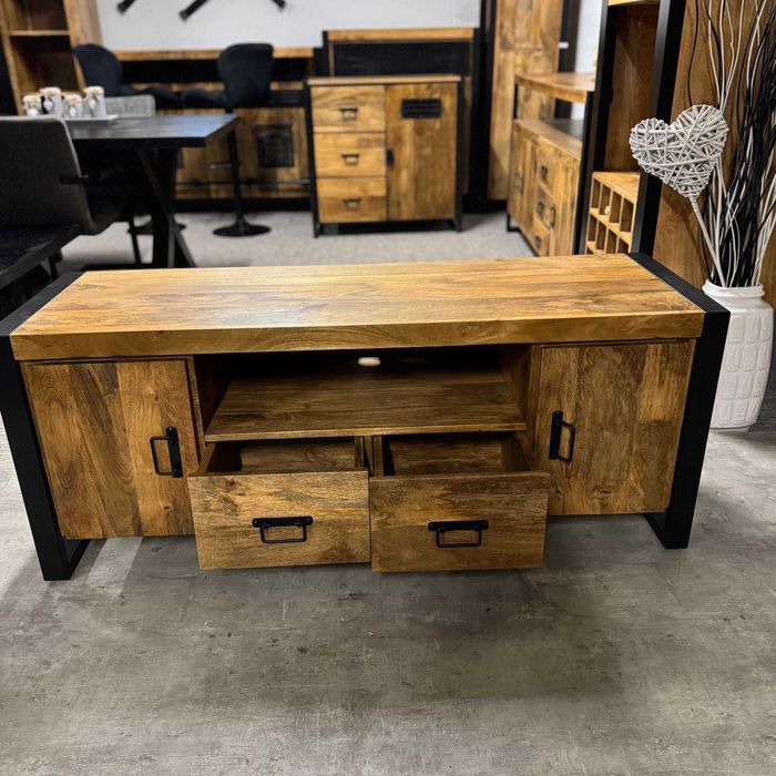 Loftowa szafka rtv egzotyczne drewno mango seria Britt 140cm nowa F-V