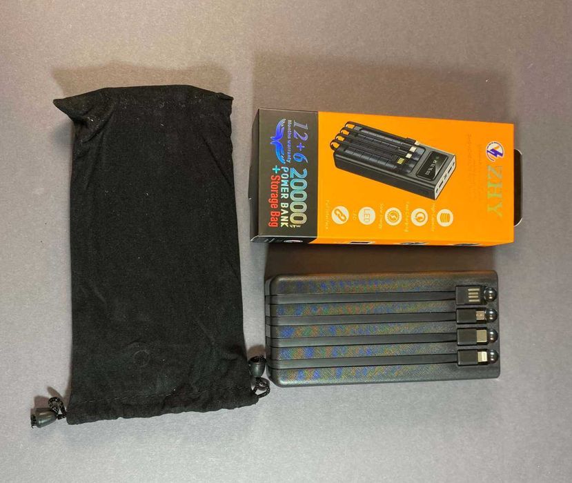 Павер банк на 20 000 mAh із сонячною панеллю та вбудованими кабелями