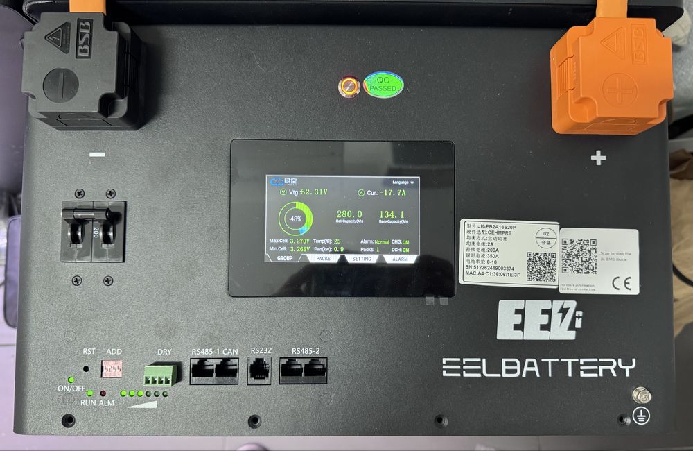 Bateria litio 14,3 kWh (51,2V / 280Ah) NOVA – Células Envision + JK BMS + Caixa EEL