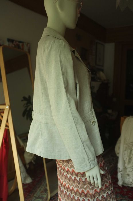Ekskluzywny kremowy lniany żakiet boho etno ecru len 46