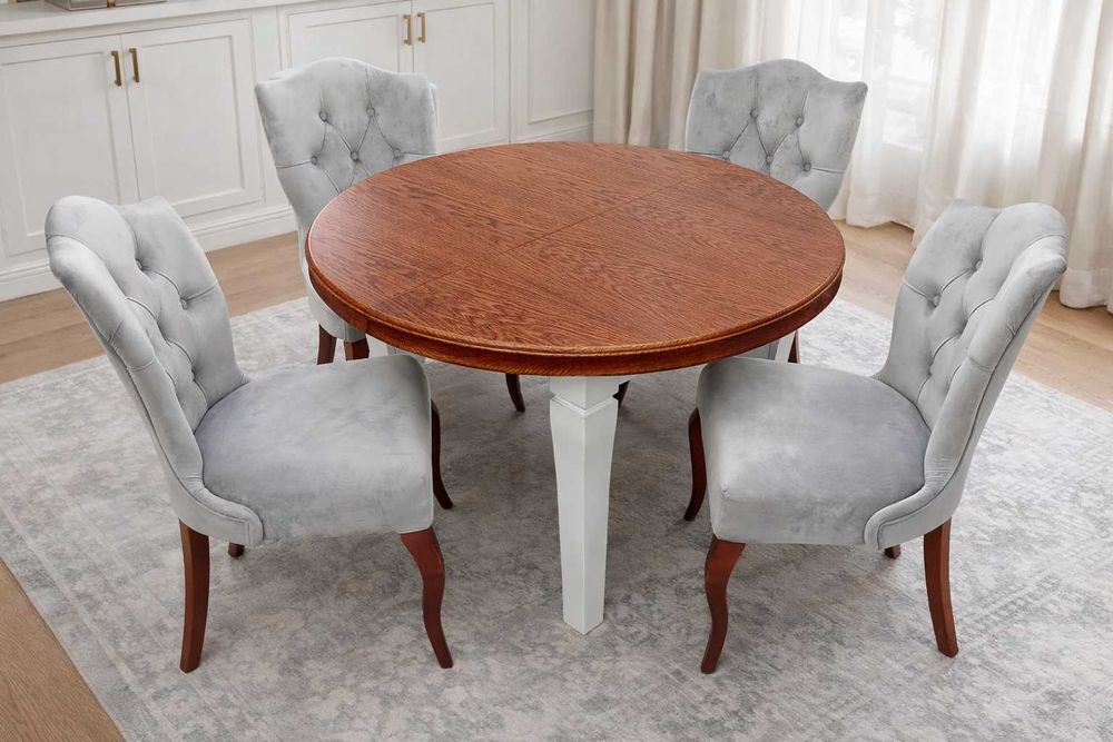 Stół okragły do salonu rozkładany dębowy i 12 krzeseł 110cm x 310cm