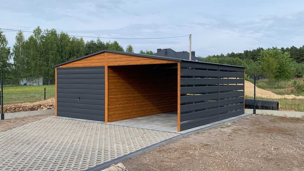 Garaż blaszany 3x5 + 6x5 wiata z profila drewnopodobny
