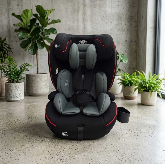 Fotelik samochodowy 9-36 kg 76-150 cm I-Size R129 ZESTAW 3w1 Podstawka Regulowany Zagłówek czarny NOWY + GRATIS Uchwyt na Bidon