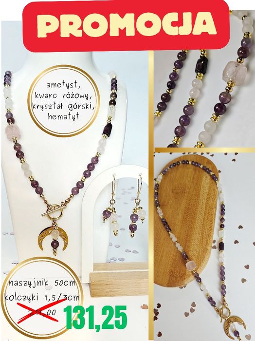 Amethyst Lunula – komplet, naszyjnik + kolczyki