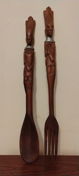 Rzeźbione sztućce afrykańskie kpl 30 cm drewno