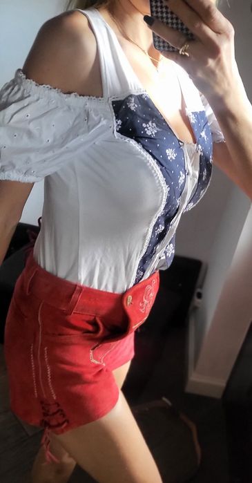 Tradycyjny dirndl strój bawarski na oktoberfest spodenki skóra natural