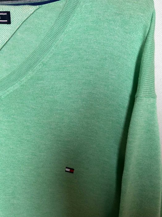 Tommy Hilfiger _ Miętowy lekki sweter w serek XXL _ cotton & silk