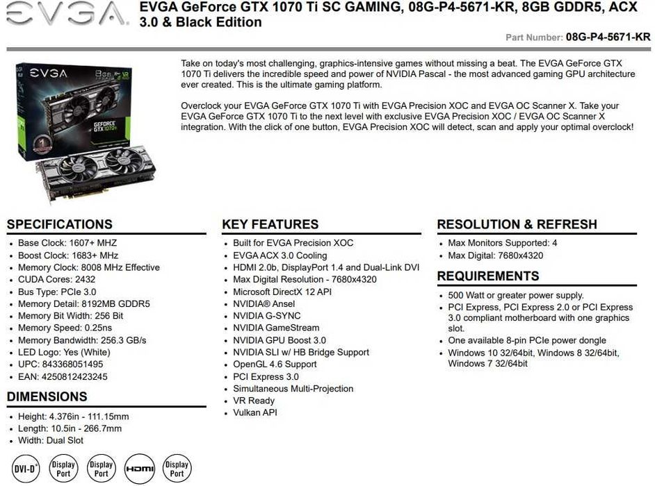 EVGA GeForce GTX 1070 Ti SC GAMING, 8GB GDDR5, ACX 3.0 & Black Edition