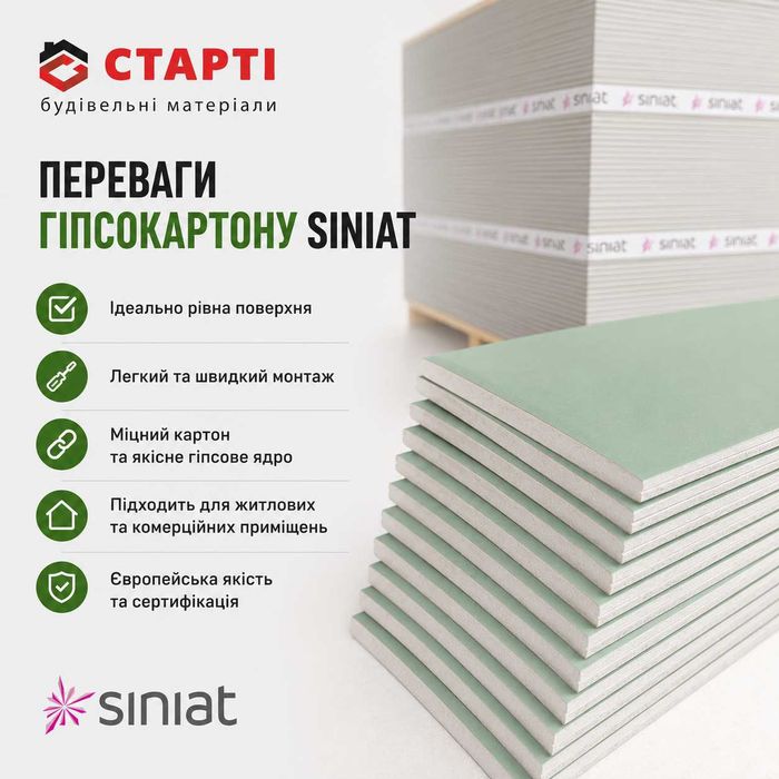 Гіпсокартон Siniat/Стандартний та вологостійкий/вологостійкий гіпсокартон/гіпсова плита