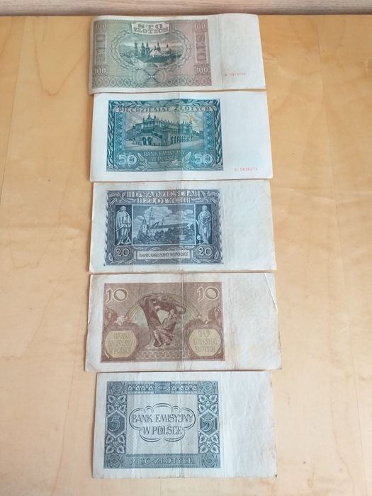 Banknoty kolekcjonerskie 100, 50, 20, 10, 5 zł.