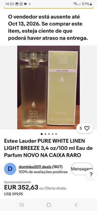 Perfume Estée Lauder pure white Lauder de 100ml perfume descontinuado,preço 140€