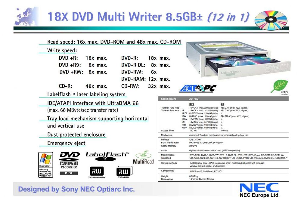 Gravador DVD/CD 18x SONY NEC AD-7173A LabelFlash Unidade IDE Interna