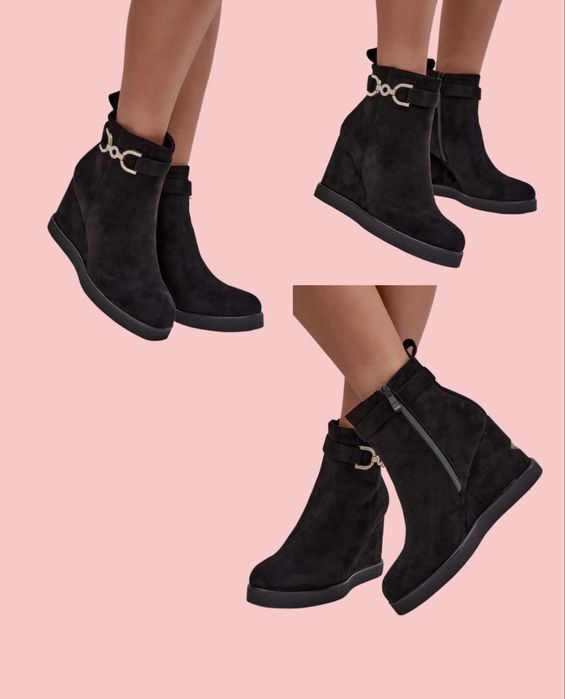 Czarne botki na koturnie jak nowe - gwarancja