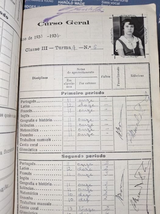 Caderno escolar antigo 1931 com fotos e selos liceu secundária