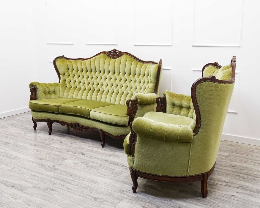 Meble do SALONU Komplet Ludwik PIKOWANA Kanapa SOFA buk PLUSZ oliwkowy
