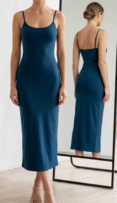 Vestido Midi Azul de alças Tecido Premium Meryl Lycra