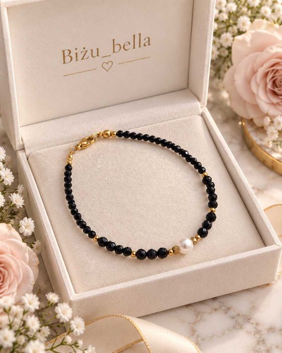 Elegancka bransoletka z czarnego turmalinu i perły