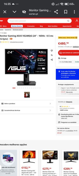 ASUS VG248QG Gaming Monitor (24'' - 165Hz - 0.5 ms - G-Sync)64750859157251123