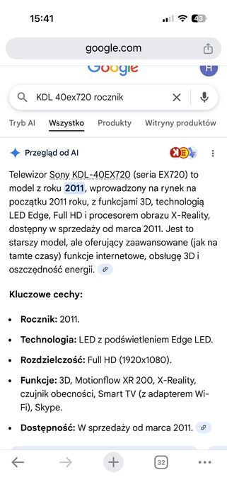 Sony Bravia 40 cali model KDL-40EX720 / seria  EX 720 model 2011