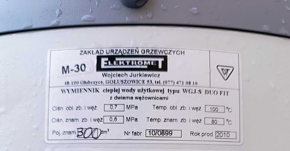 Wymiennik / Bojler dwuwężownicowy ELEKTROMET WGJ-S DUO 300L | Stan Dobry
