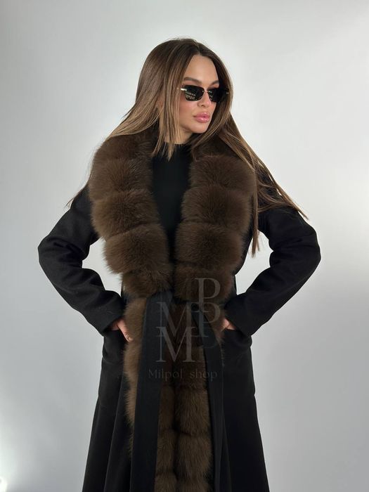Женское чёрное пальто с натуральным мехом песца, 115 см, 42-54 размеры