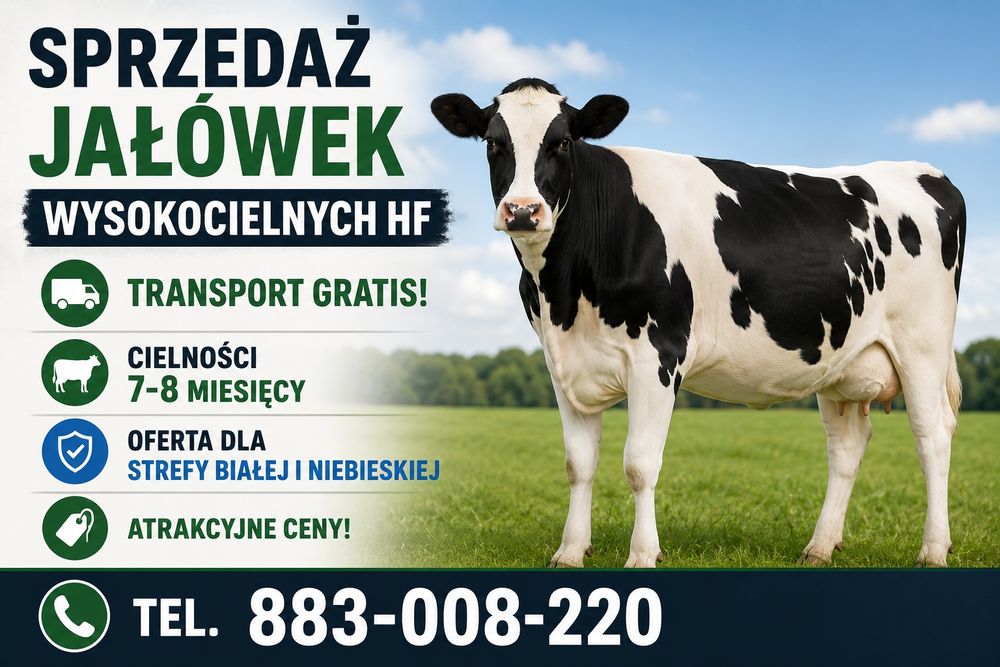 Sprzedaż jałówek wysokocielnych HF.  Darmowy transport.