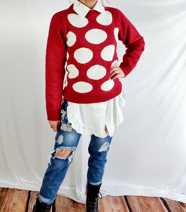 Only Czerwony Sweter Damski w Białe Kropki Groszki S 36 M 38