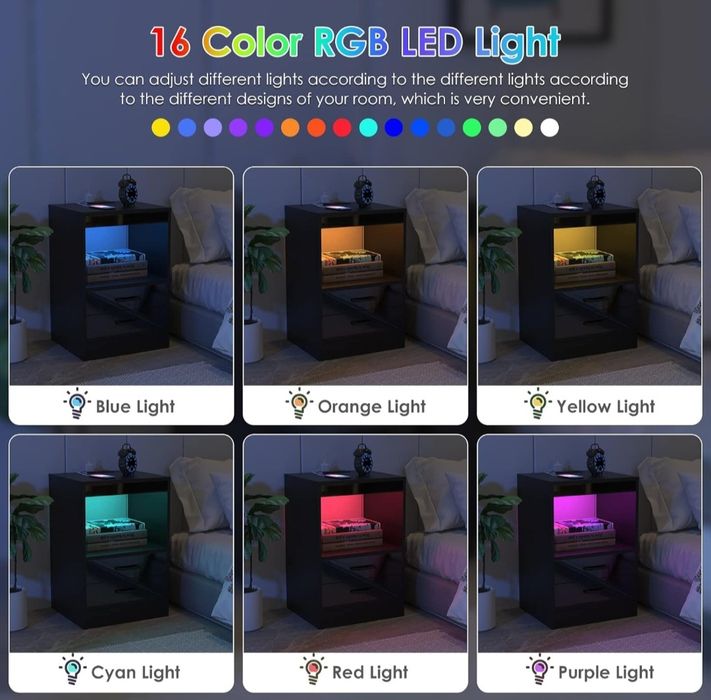 Mesa de Cabeceira com LED RGB e Tomadas USB