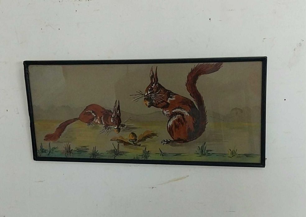 Aguarela? Pintura? "Esquilos" sobre Cartão (64,5 X 28,5). VINTAGE!