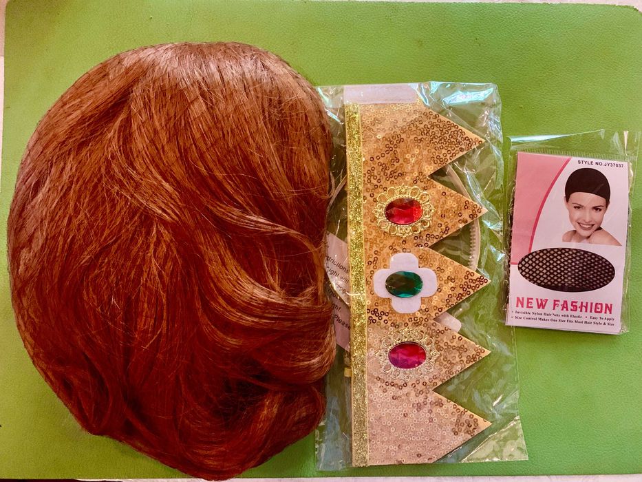 Peruca Ruiva Castanho: Princesa com Coroa Estilo Retro Anos 60/70 para Festa de Halloween e Cosplay para Mulher