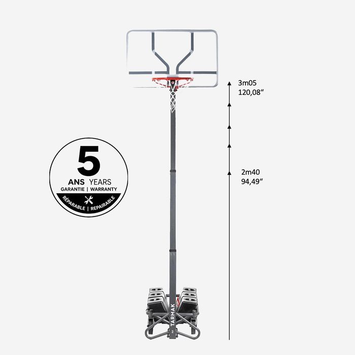 Tabela de Basquetebol com base dobrável, regulável de 2,4 m a 3,05 m
