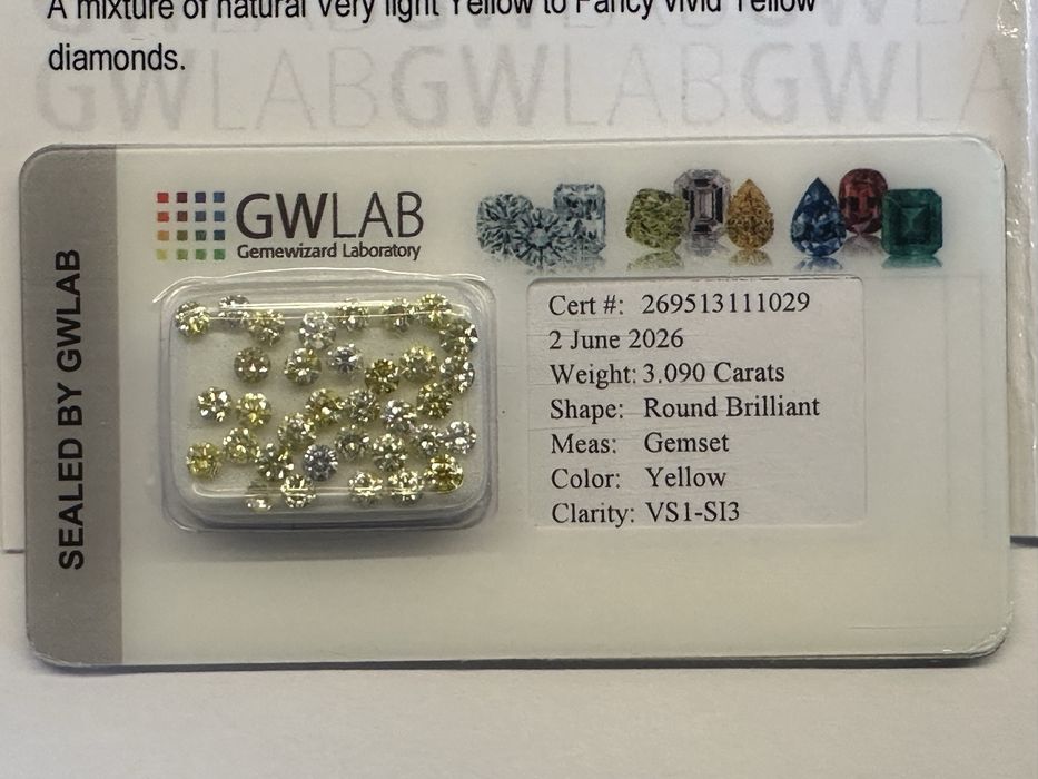 Diamenty NATURALNE 34 szt. – 3,09 ct, okrągły szlif, certyfikat GWLAB