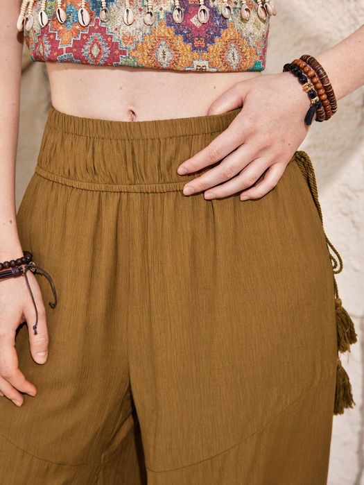 Spodnie Palazzo Boho Z Elastyczną Talią Brązowe Casual Shein S 36