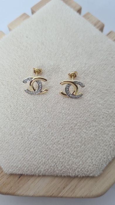 Złote kolczyki wkręty CC Channel z Białą cyrkonią