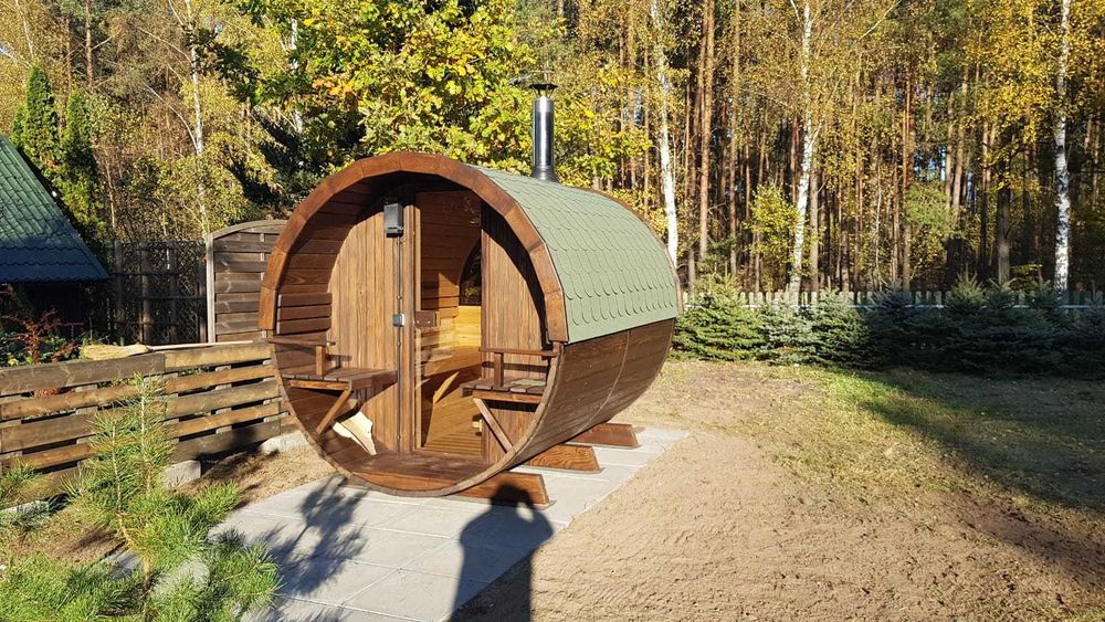 Sauna ogrodowa drewniana z tarasem beczka piec drewno 2,5m szyba 50%