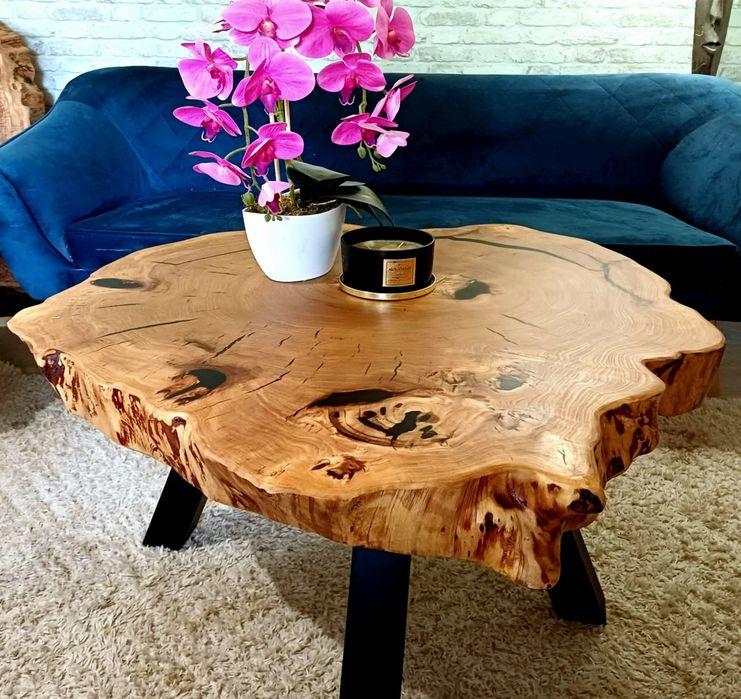 Stolik kawowy 88x87cm PIĘKNY OKAZ LIVE EDGE plaster drewna